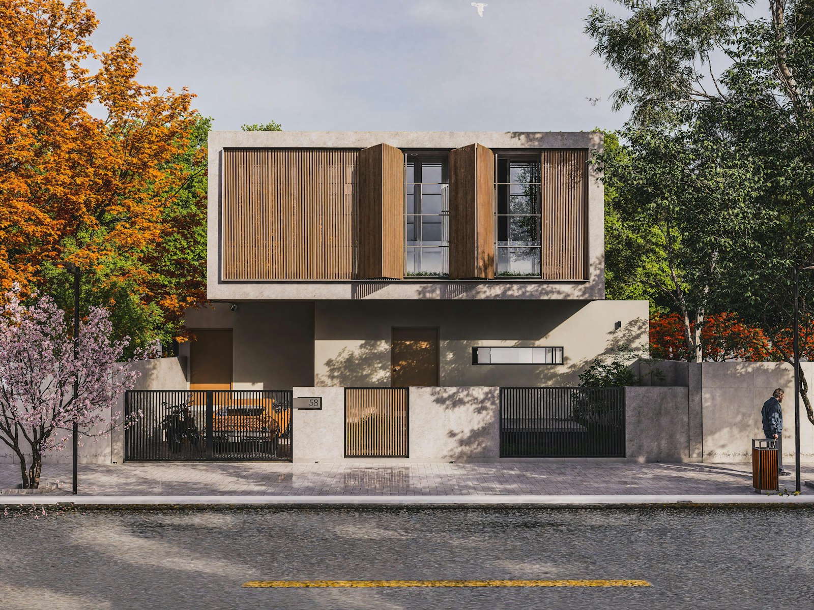 Modern concrete and wood house with trees